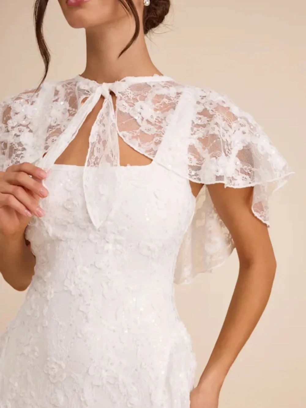 Lulu's White Lace Midi Dress with Capelet Tie - Picture 2 of 7